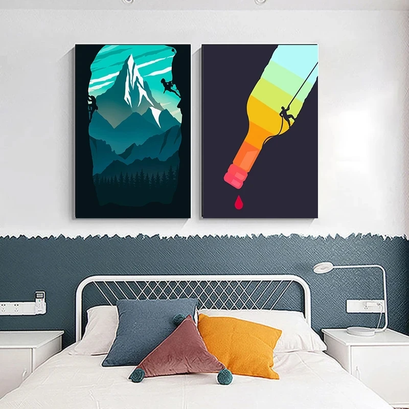 Abstract Rock Climbing Adventure Posters and Prints Canvas Painting Mountain Sun Wall Art Pictures for Living Room Home Decor