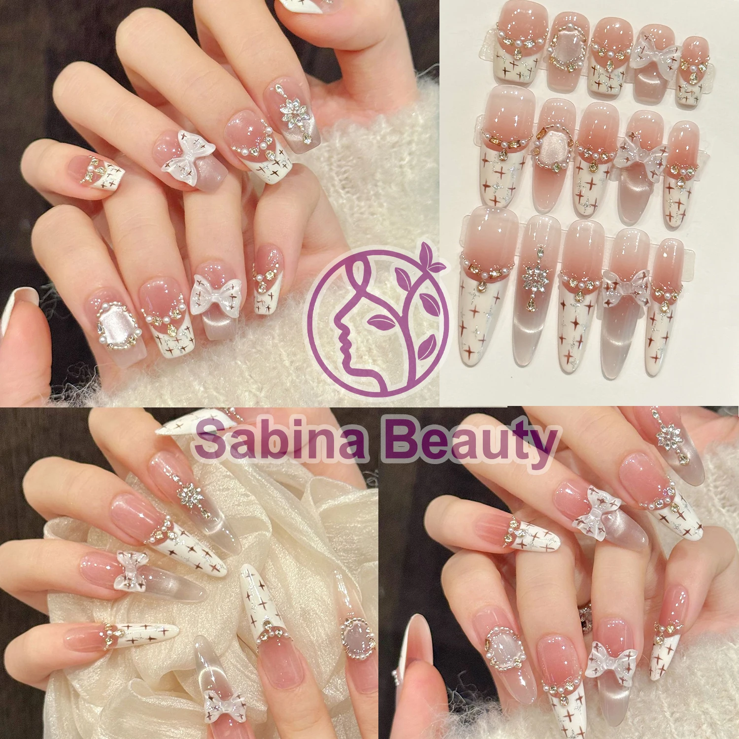 

YH001-26 Handmade reusable 10pcs Press on Nail Qianjin Feng Cream White French style Cat Eye Bow fake nail patch