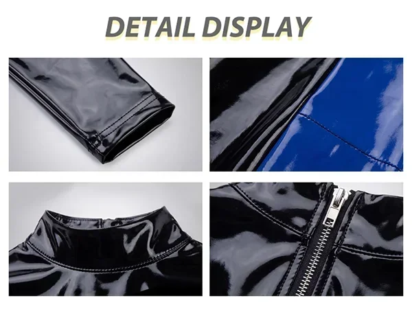 Sexy glänzendes, figurbetontes Minikleid aus PVC-Latex für Damen, schwarzes und weißes Patchwork, Stehkragen, lange Ärmel, Reißverschluss, Clubwear für Party und Rave – Detail 5