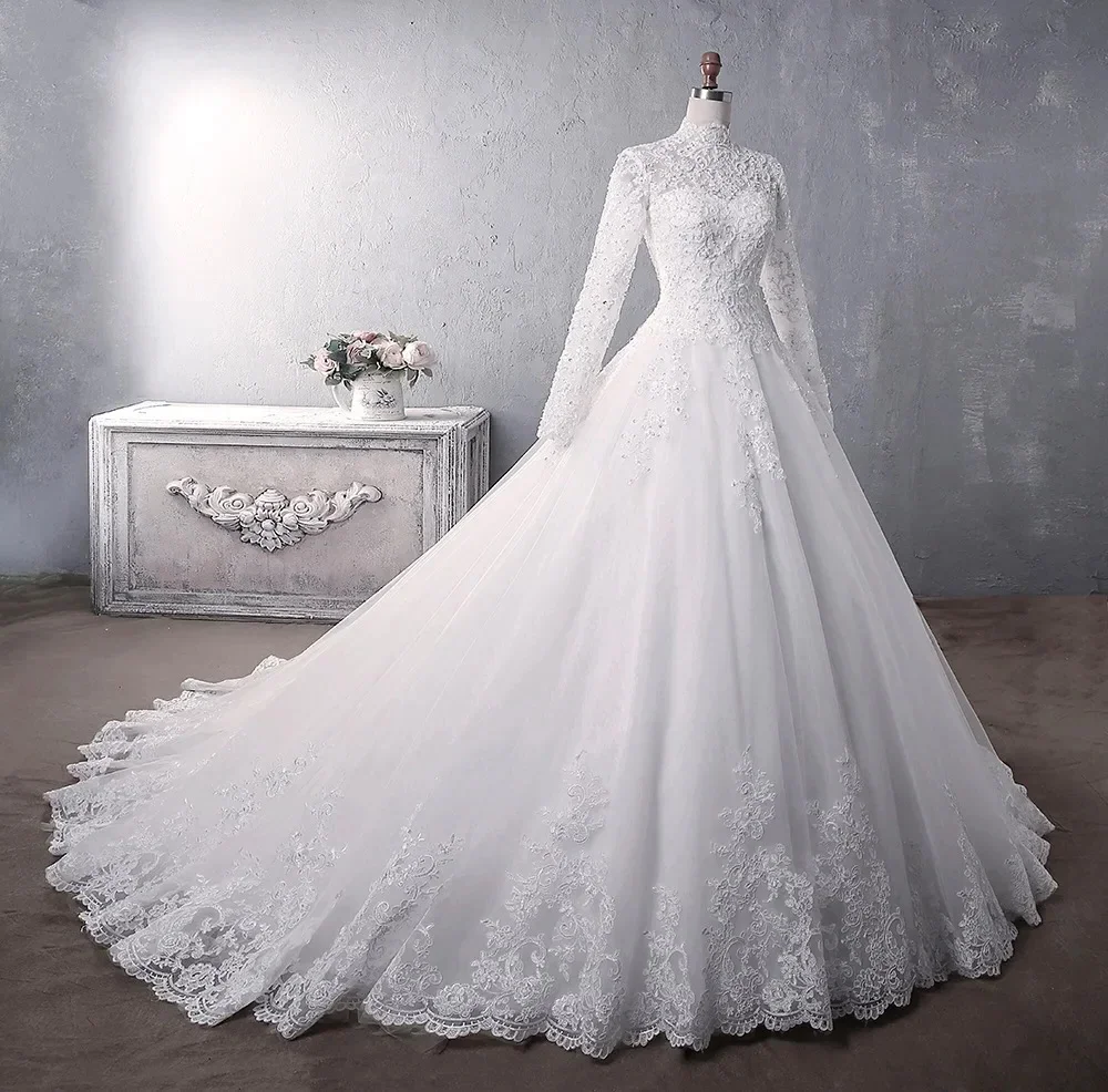 Vestido de casamento muçulmano 2025 elegante pescoço alto com trem princesa vestido de noiva de luxo vestido de casamento de renda personalizado