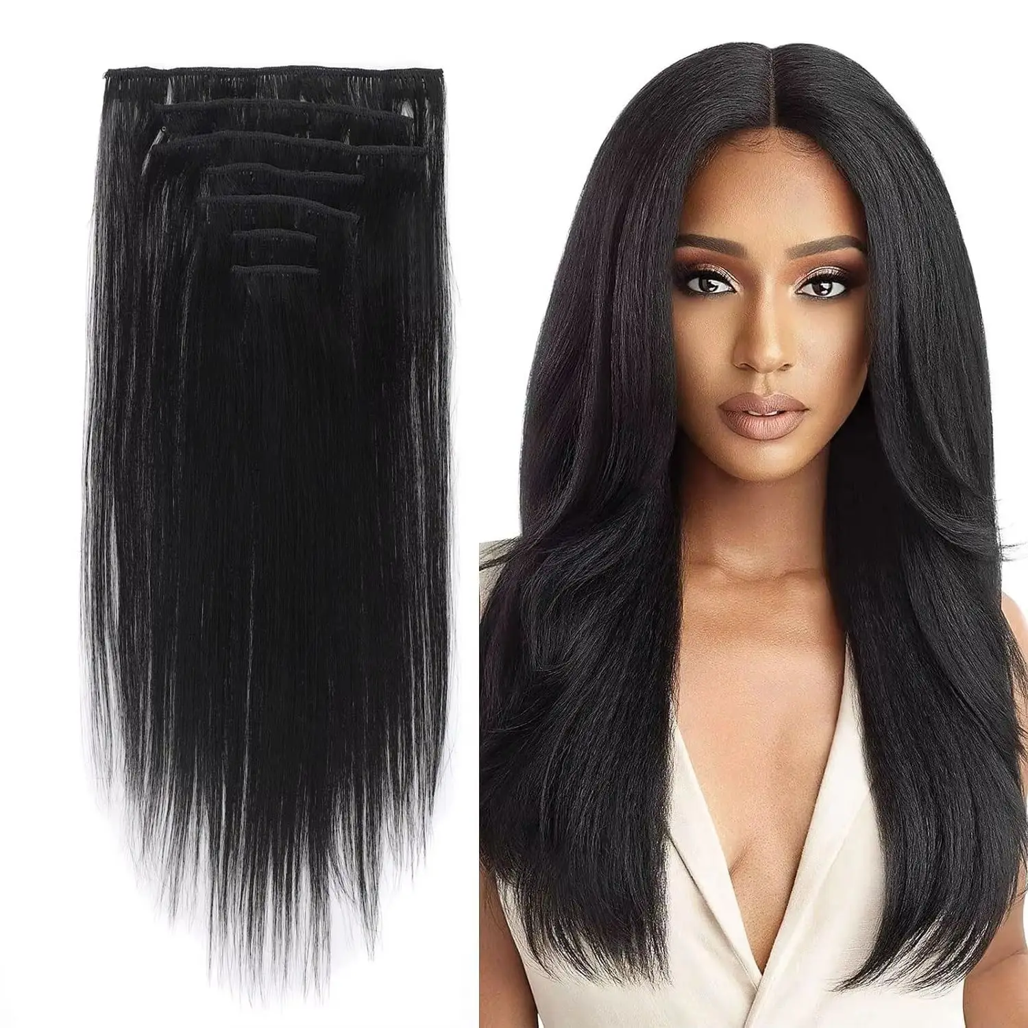 Clip in Hair Extensions Synthetic Hair 7Pcs/set 16 inch Straight Hairpiece Black Orange False Hairpiece For Women Daily Use