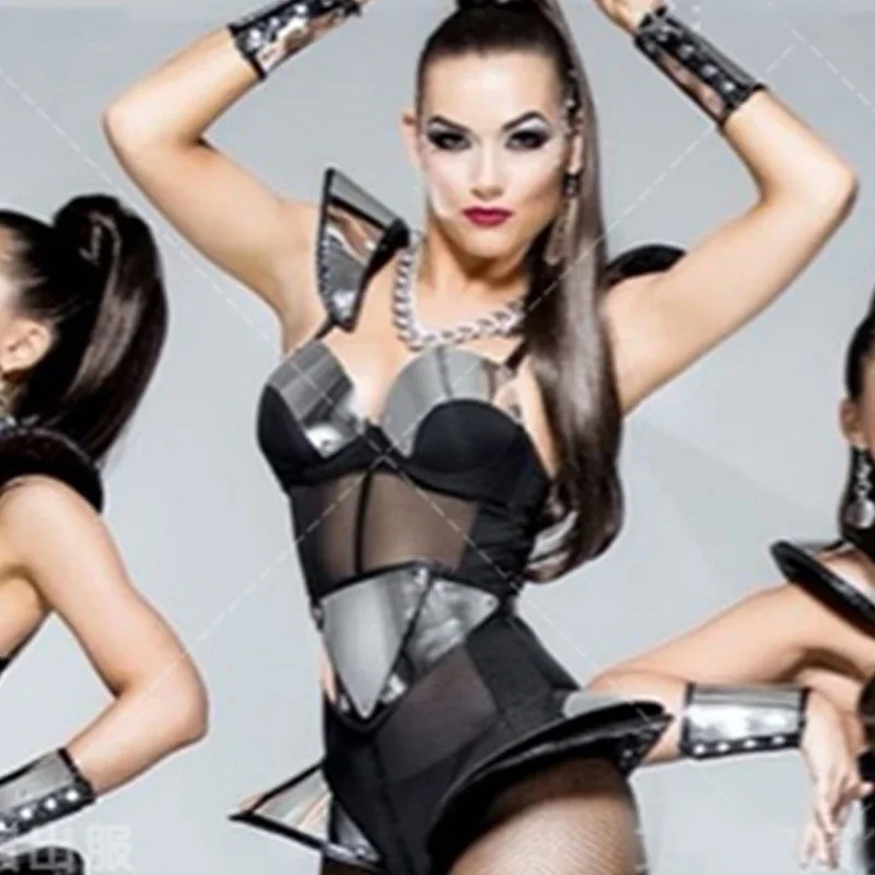 Bar Ds Dj Nightclub Pole Dance Clothing Silver Flying Shoulder Bodysuit Women Gogo Costumes Rave Outfits Stage Wear XS7058