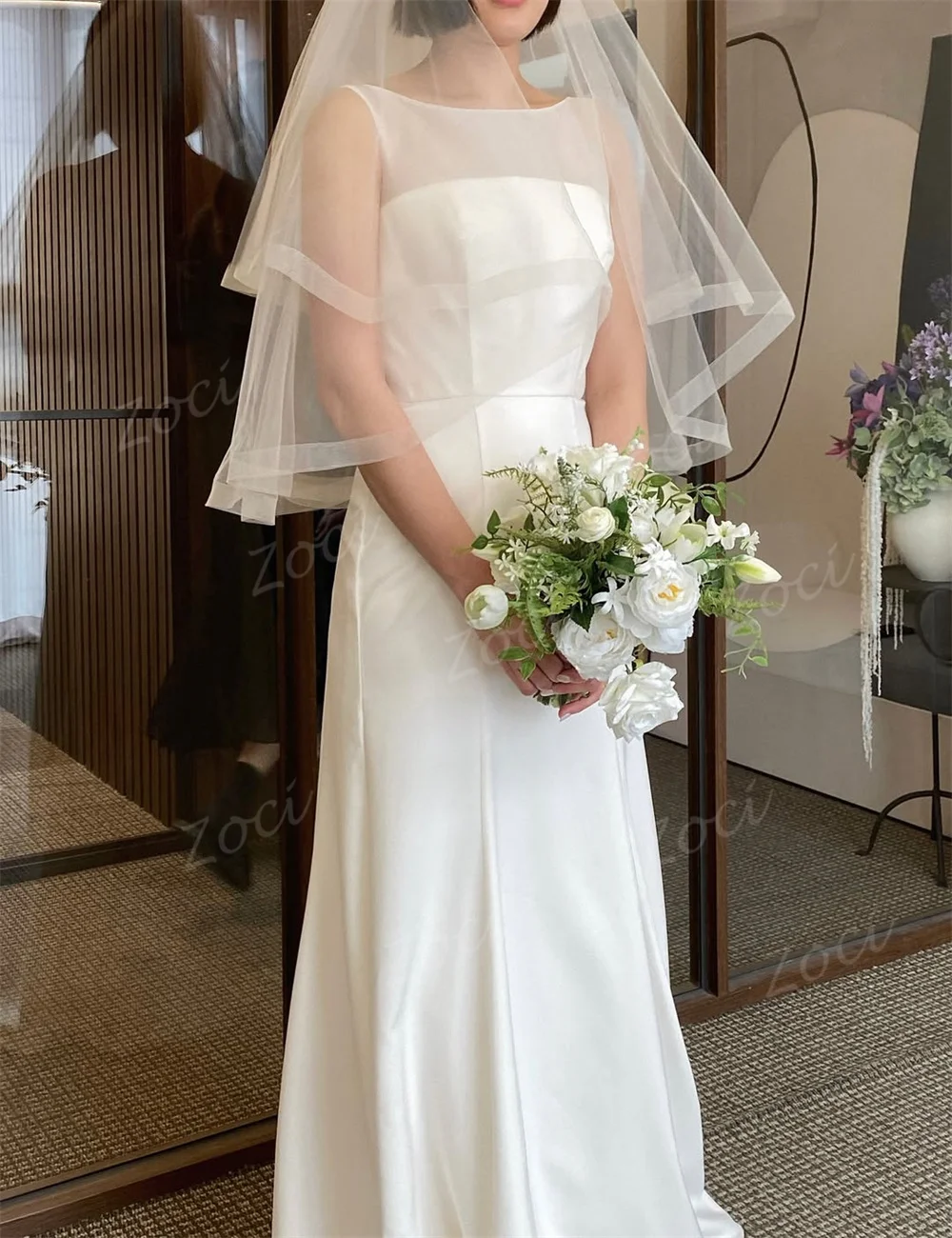 Zoci Illusion Scoop Korea Wedding Dresses Satin A Line Sheath Sleeveless Bride Dress Photos Shoot Customized Women Wedding Gown