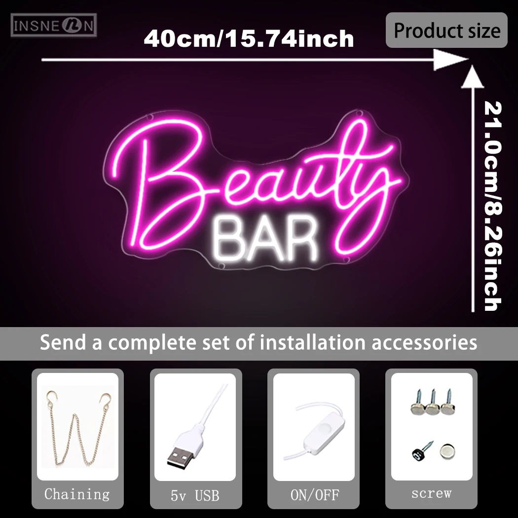 Beauty Bar Neon Sign LED Wall Decor with USB Power for Home Living Room Party Game Area Bar Cafe Girls Makeup Room Bedroom Decor