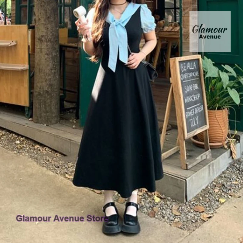 

French college style sweet design dress female summer new fashion temperament slim leisure stitching fake two-piece long skirt