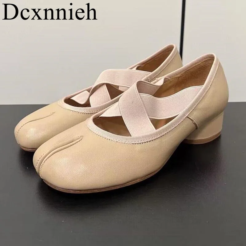 

Spring Summer Genuine Leather Low Heel Split Toe Shoes Women's Shallow Mouth Single Shoes Solid Color Elastic Band Dress Shoes