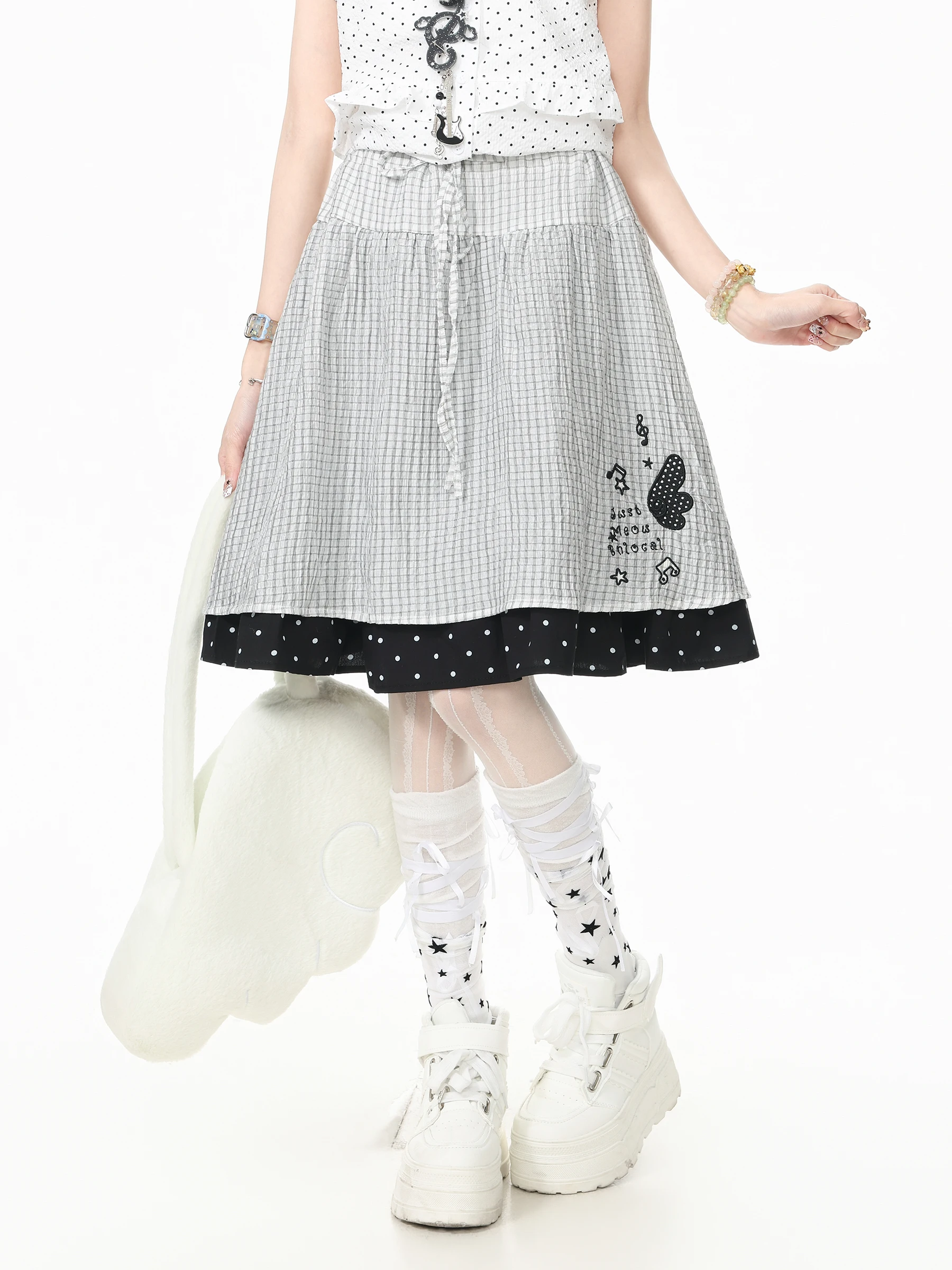 Languid Park Summer Casual Plaid Embroidery Half Skirt Women's mid Waist A-Line Skirt Breathable Cotton Blend Comfortable