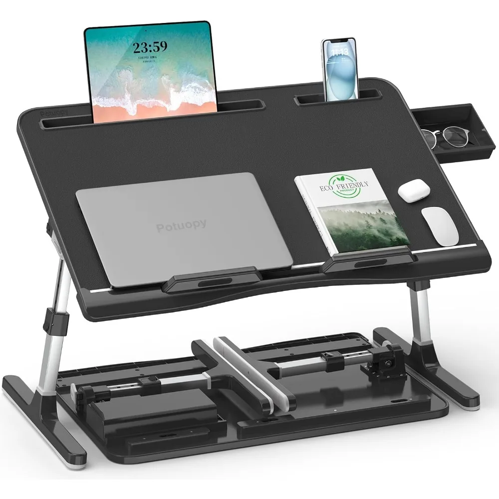 

Adjustable Leather Laptop Bed Table with Drawer, Wide Folding Desk for Couch Floor Work Eating Drawing in Black