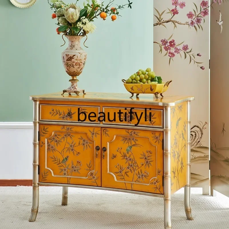 

French Retro Painted Shoe Cabinet Gold Living Room Storage Drawer Cabinet Art Hand-painted Sideboard