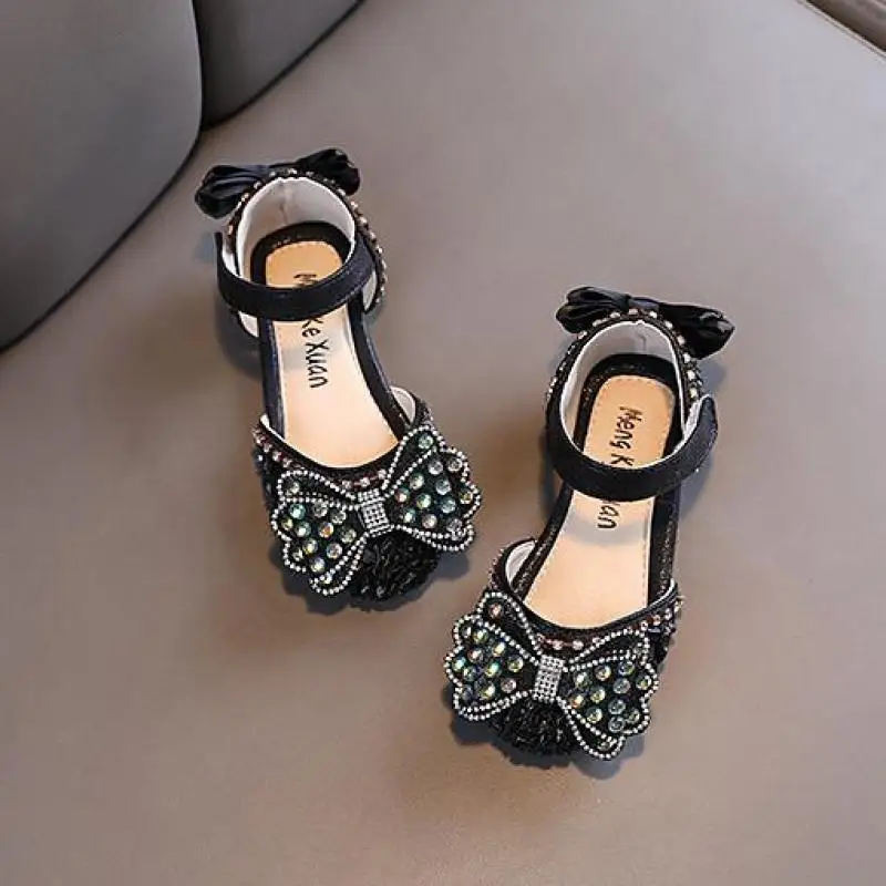 AINYFU Summer Children Rhinestones Bow Sandals Girls Sequins Princess Sandals Toddler Baby Soft Bottom Flats Dance Shoes