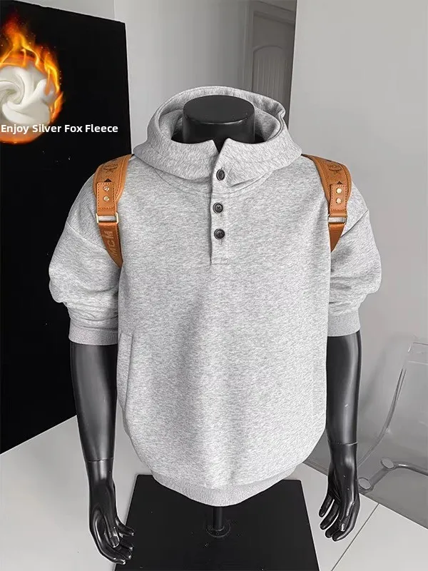 

Серебристая толстовка с длинными рукавами и воротником-хенли для мужчин, осенне-зимняя, теплая, свободного кроя, в американском стиле