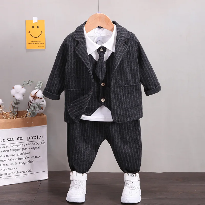 2023 new children\'s solid color Plaid gentleman suit set boy\'s tie shirt trousers three piece set children\'s baby formal dress