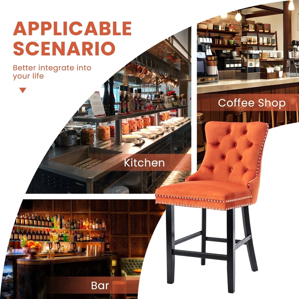 Upholstered Bar Stools Set of 2 Velvet Counter Height Chairs with Backrest Footrest Kitchen Dining Room Indoor Use