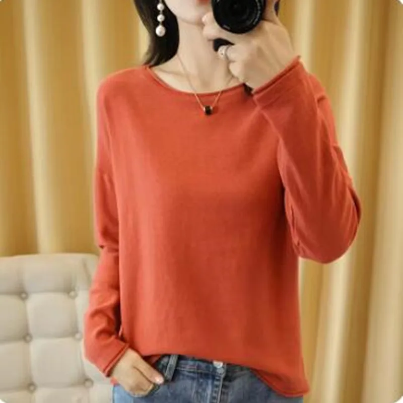 100% cotone donna maglione lavorato a maglia bordo arricciato o-collo Pullover fondo maglione di puro cotone primavera autunno nuovi vestiti top