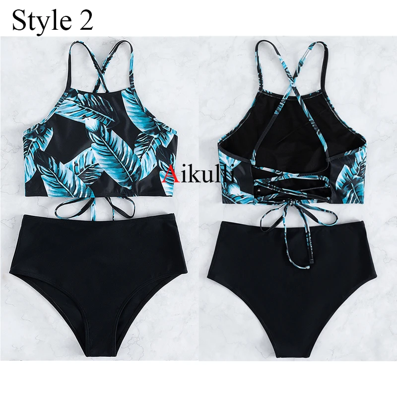 Brauner Blatt druck Bikini-Set mit hoher Taille Badeanzug Frauen High Neck Tankini zweiteilige Bade bekleidung sexy weibliche Sport Badeanzug