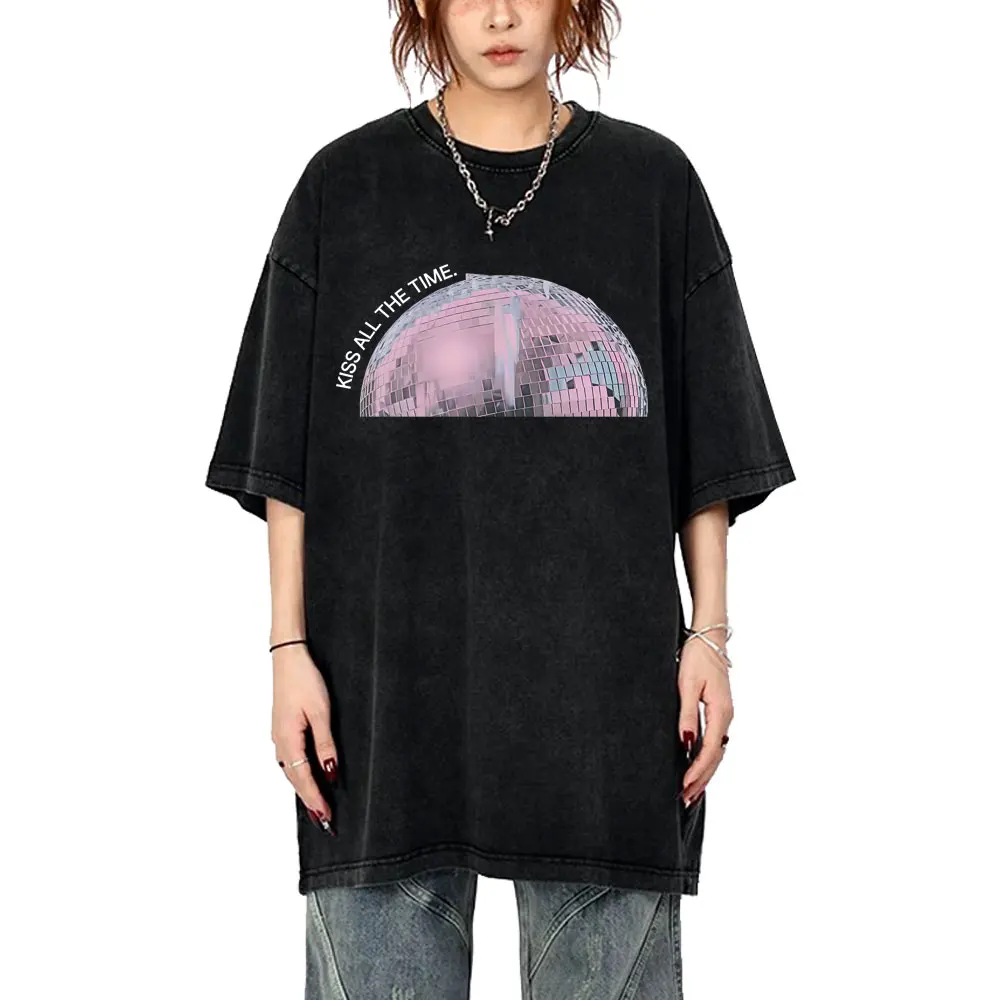 

Vintage Washed Kiss All The Time Disco Occasionally T-shirt Men Women Hip Hop Fashion Trend T Shirts Male Y2k Oversized Tshirt