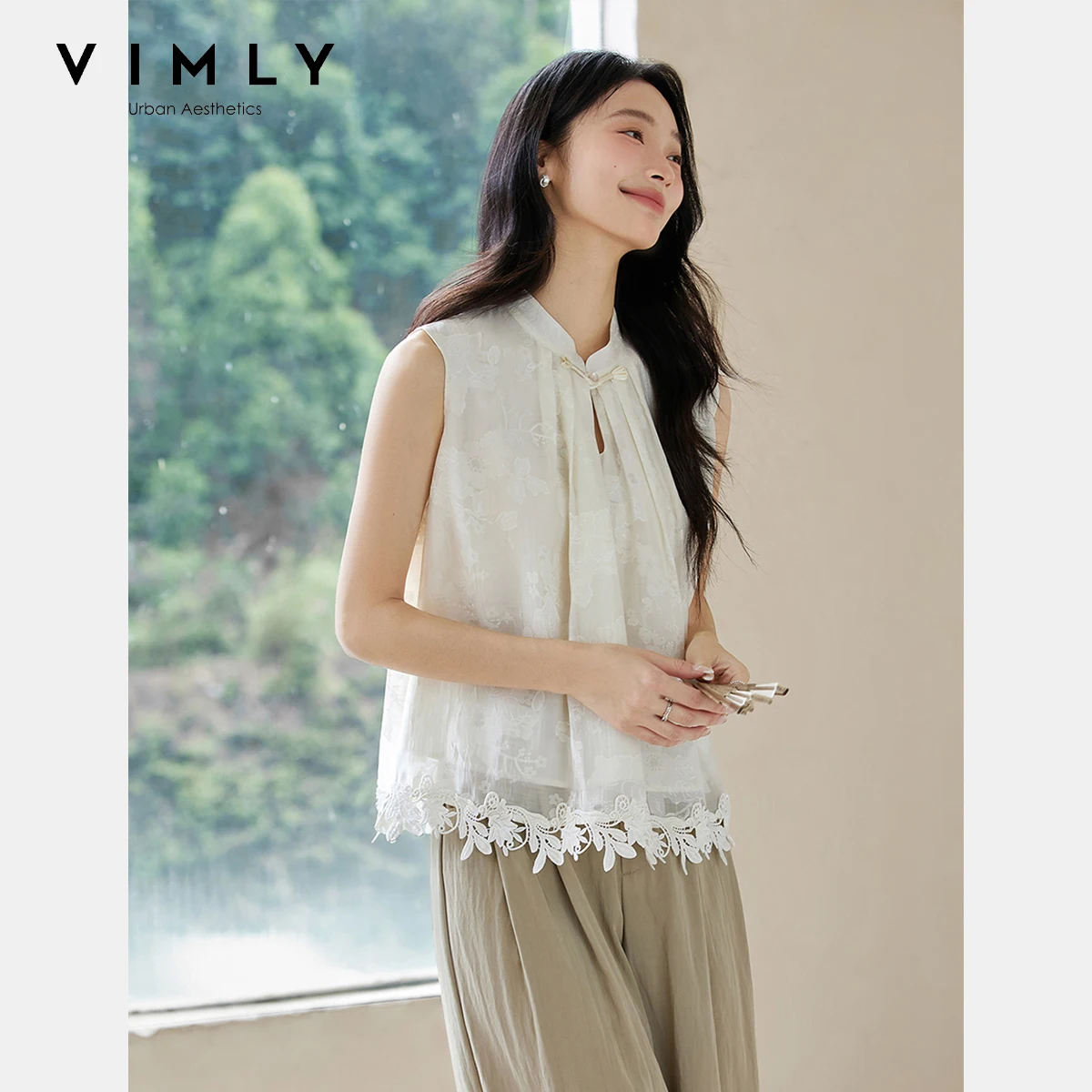 VIMLY المشمش الأزهار بلوزة المرأة النمط الصيني 2025 الصيف بلا أكمام الوقوف طوق الدانتيل هيم قميص للسيدات ملابس الصيف A2555