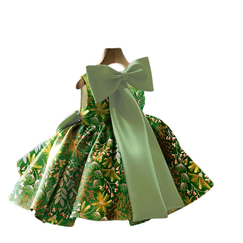 Champagne floral jardim brocado cetim criança bebê flor menina vestido para casamento aniversário cerimonial vestido de baile para gilrs 1-14yr