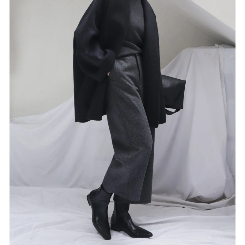 

Loose Straight Woolen Pants Women's Casual Trousers Autumn Spring Faion Simple Sle Deep ey All-Match Thi Weave