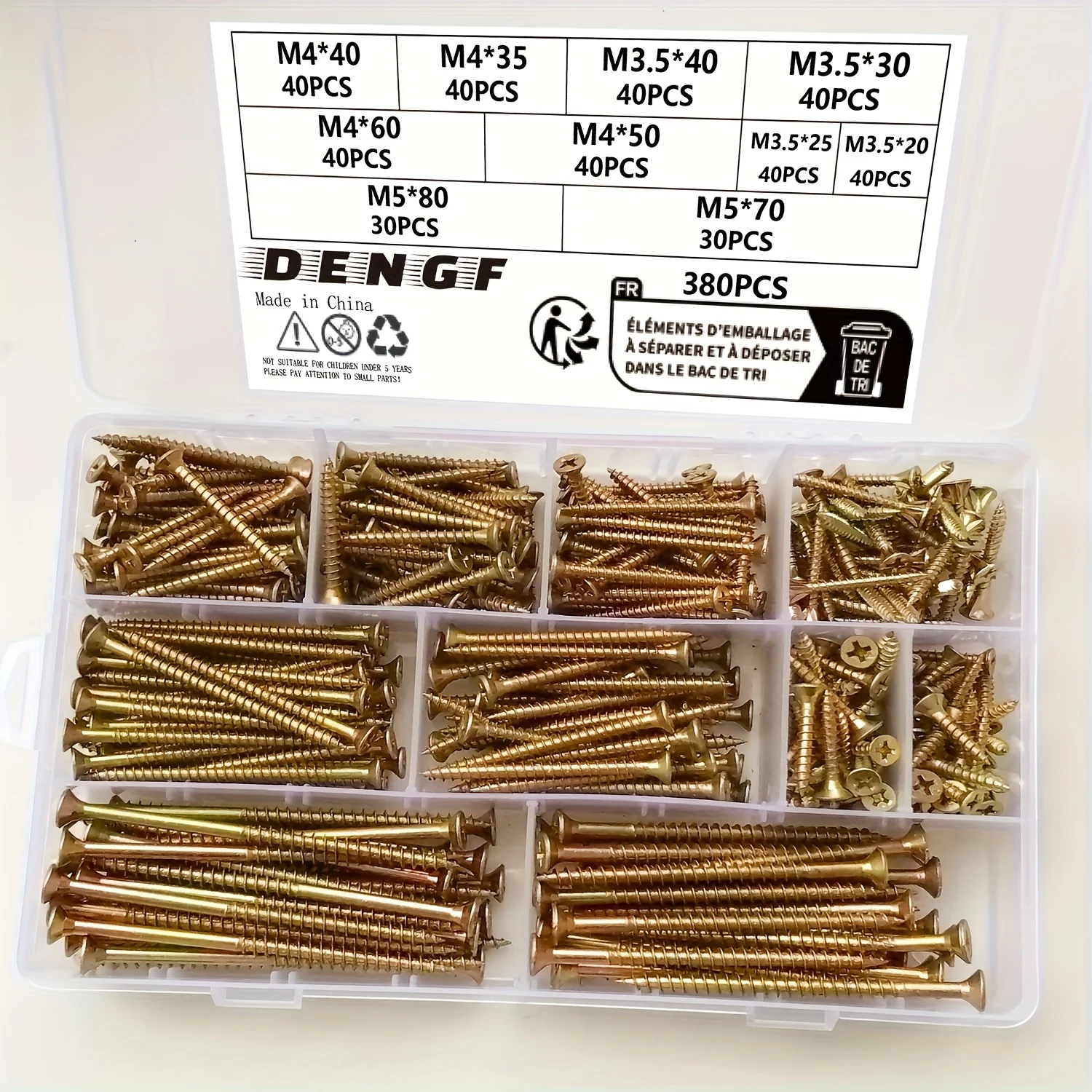 380-teiliges M3.5 M4 M5 Farbverzinktes Holzschrauben-Set, Phillips-Flachkopf-Blechschrauben, Metallschrauben und Trockenbauschrauben