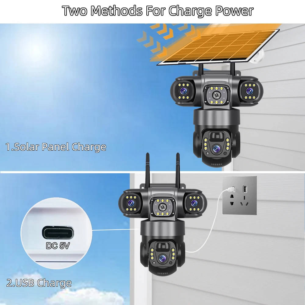 V380 Pro Solar Camera 4G SIM Outdoor Dual Lens Three Screens Webcam PIR Human Detect CCTV Security Video Battery PTZ IP Camara