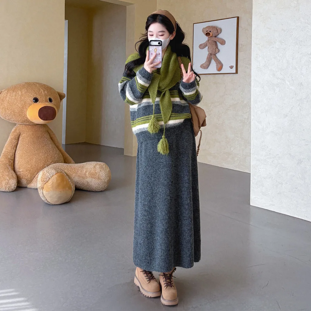 Maternity Suit Autumn Winter Striped Sweater and Skirt 2026 Soft Comfortable