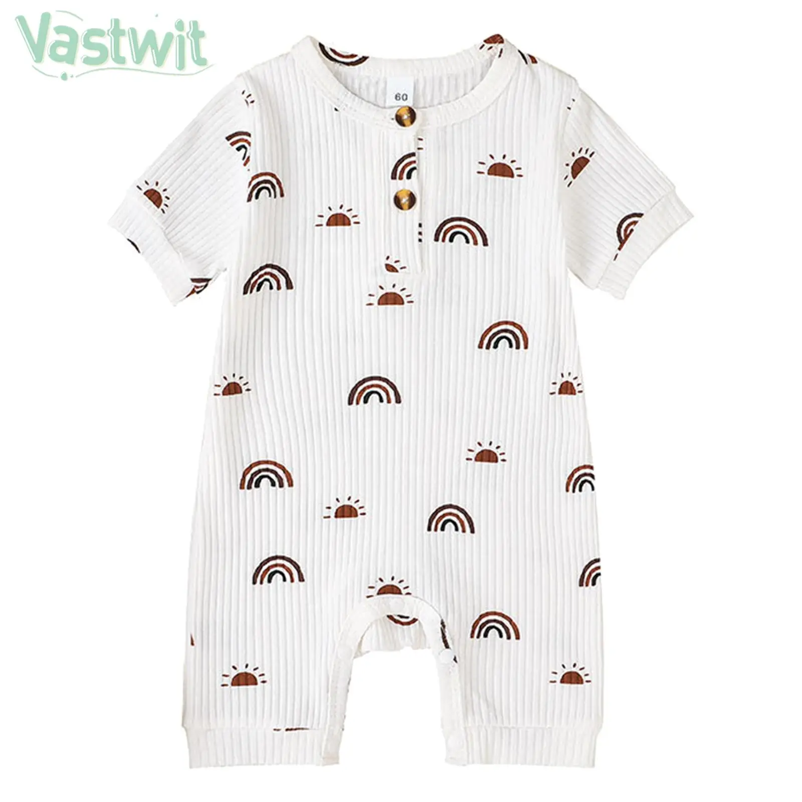 

Baby Boys Girls Unisex Sleepwear Short Sleeve Round Neck Button Closure Pattern Print Vertical Striped Knitting Style Bodysuit