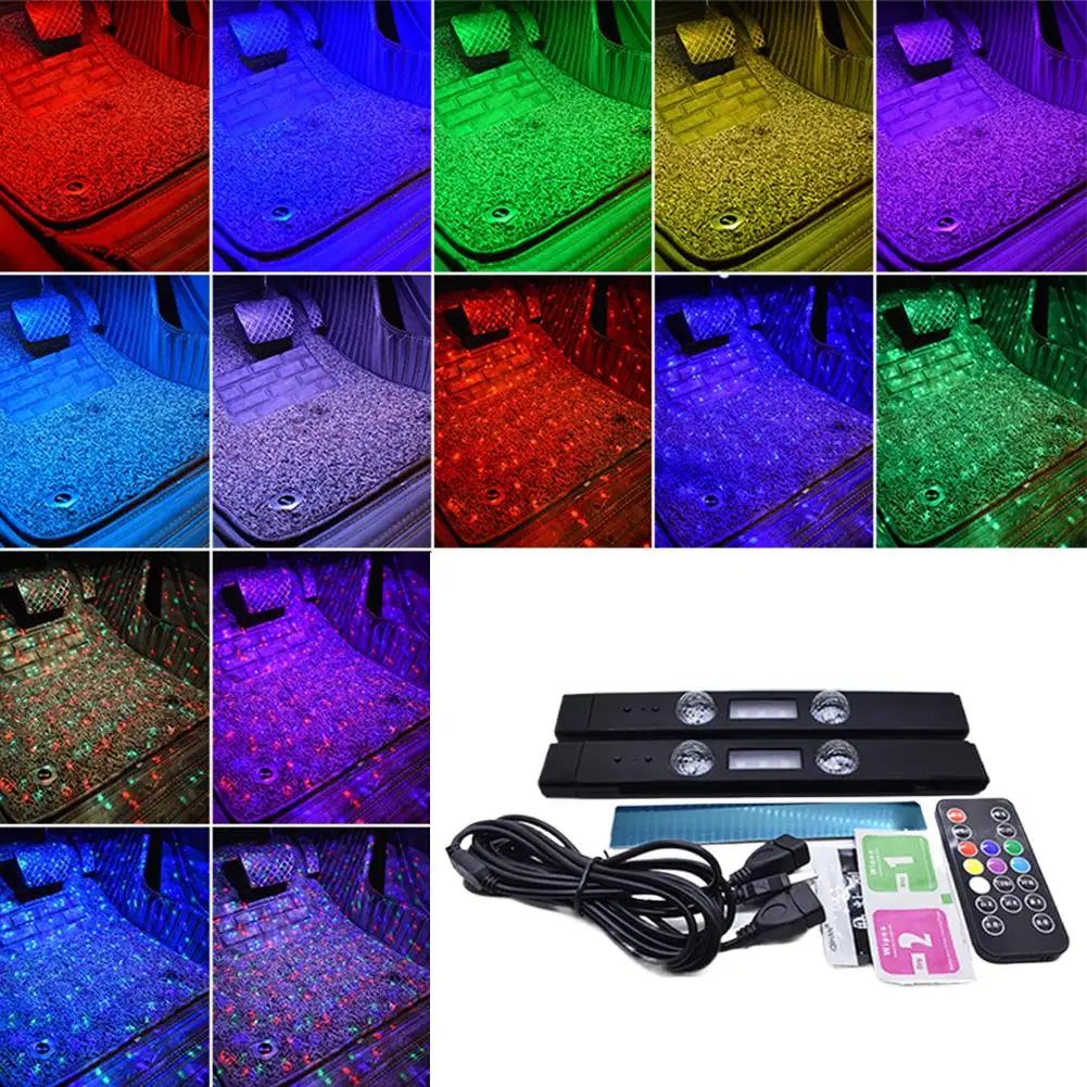 Car Ambient Light USB RGB Rhythm Lamps LED Interior Foot Light Wireless Remote Control Voice Activated Flashing Party Lamps Set
