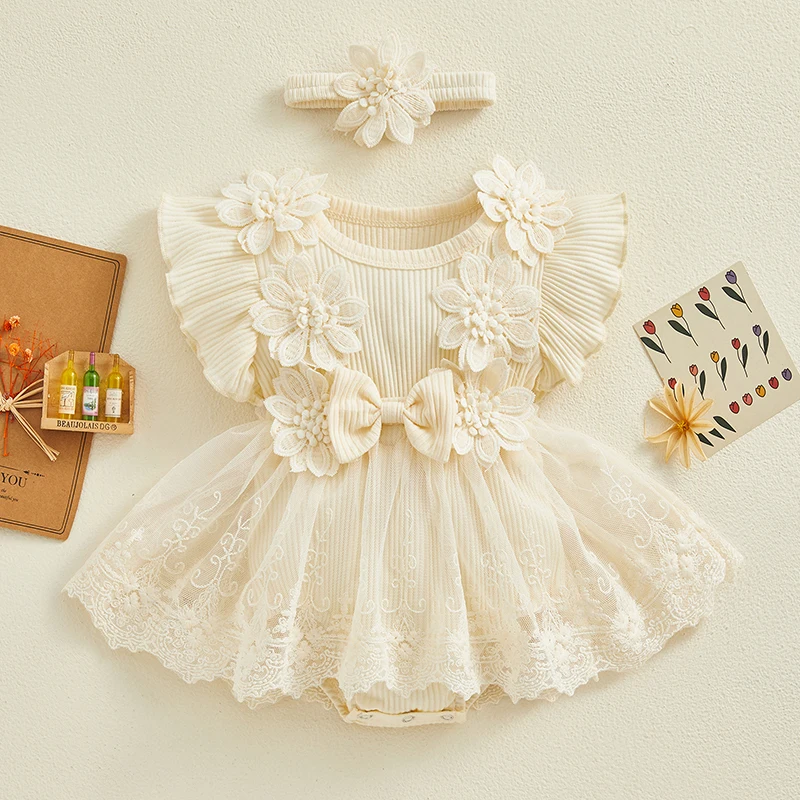 VISgogo Newborn Baby Girl Romper Dress 2 Pcs Outfits Mesh Lace Patchwork Ruffle Bodysuit and Headband Cute Summer Clothes