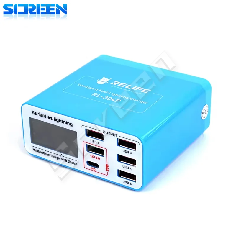 Relife RL-304P Digital Display 6-port USB Charger QC3.0+PD3.0 Fast Charging Machine for All  Phone Android Tablets Tools