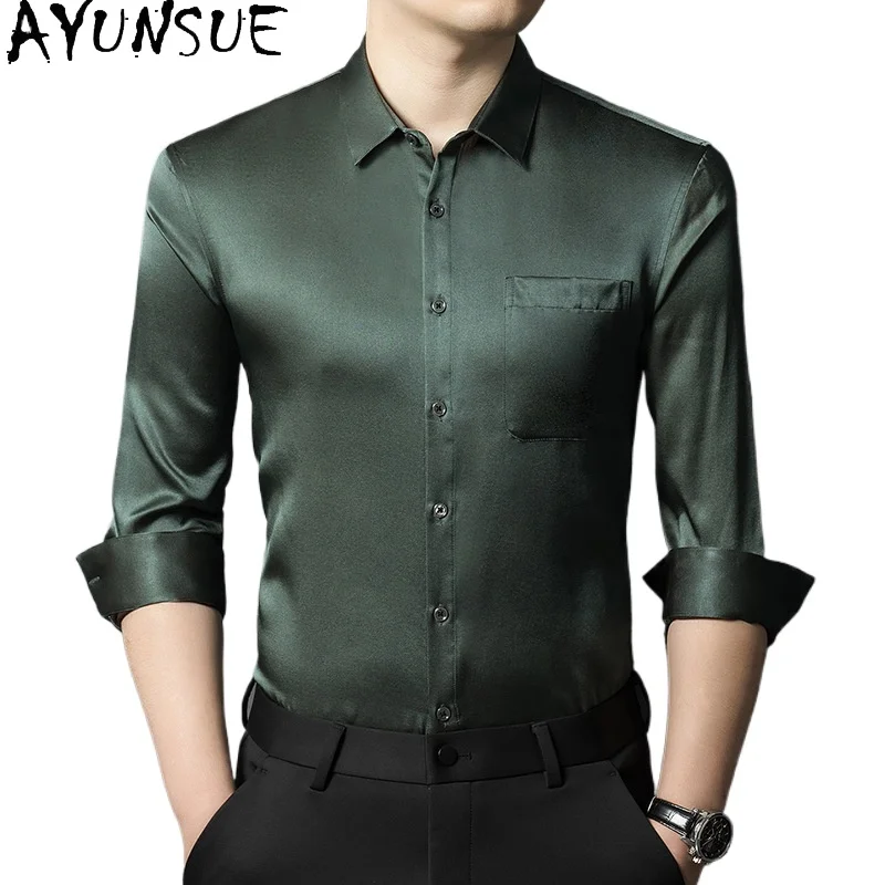 

AYUNSUE High Quality 90.8% Mulberry Silk Shirt for Men 2026 Spring Casual Business Shirt Man Tops Long Sleeve Shirts Dress Shirt