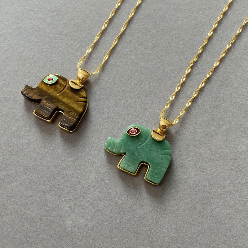 Colliers en pierre d'aventurine et œil de tigre pour femmes, colliers en pierre véritable avec motif d'éléphant, bijoux d'été pour les vacances, nouveauté 2026