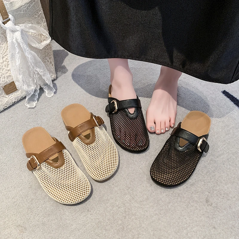 

2026 Spring/Summer Women’s Half-Head Slippers with Strap Buckle, Versatile Flat Hollow Breathable Hole Slippers for Women
