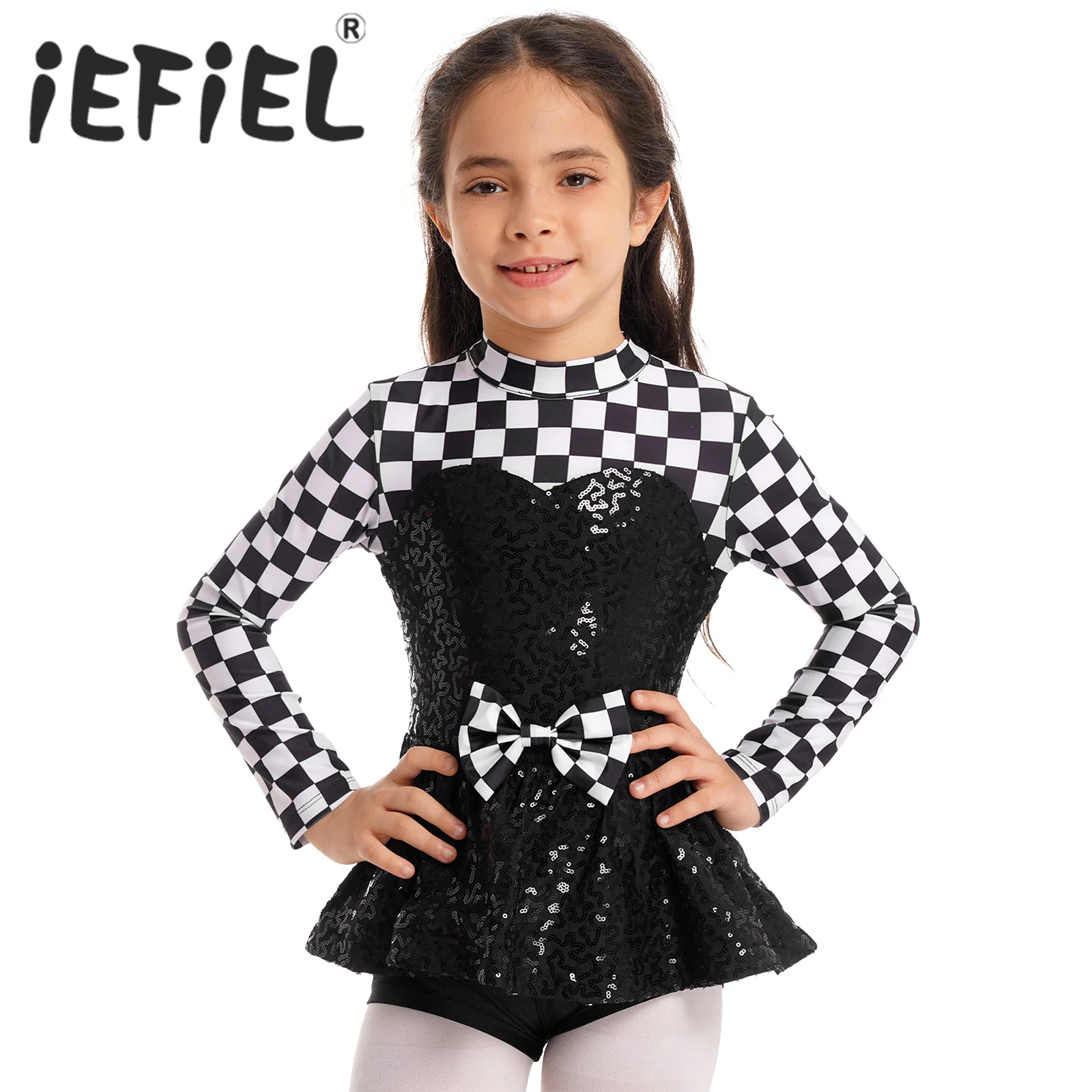 Kids Girls Ballet Dance Dress Halloween Racer Costume Long Sleeve Sequins Roleplay Checkerboard Printed Keyhole Back Bodysuit