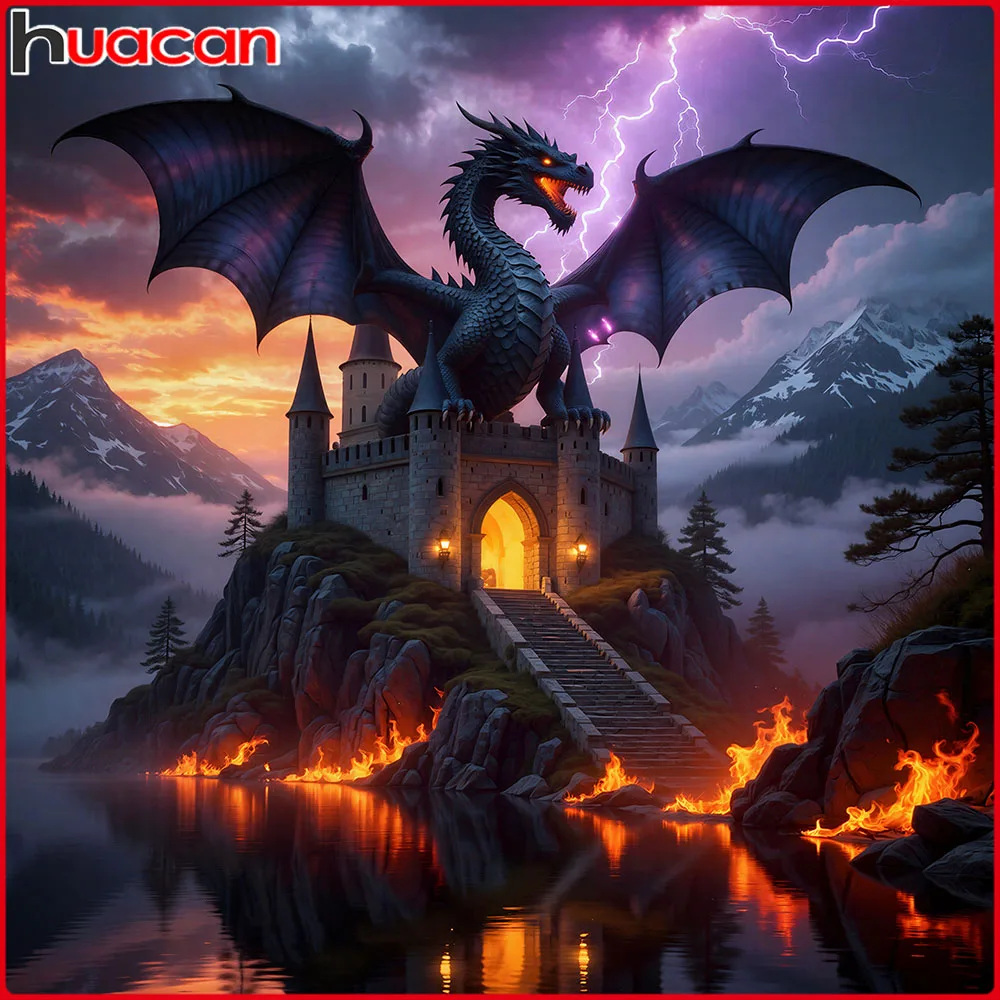 Huacan 5D DIY Diamond Painting Dragon Castle Diamond Mosaic Animal Landsacape New 2025 Decorative Paintings