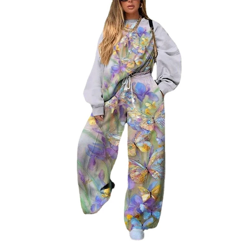 Vintage Butterfly Print Pullovert And Pant Women Harajuku Sweatshirts+Sweatpants Set Hip Hop Streetwear Clothes