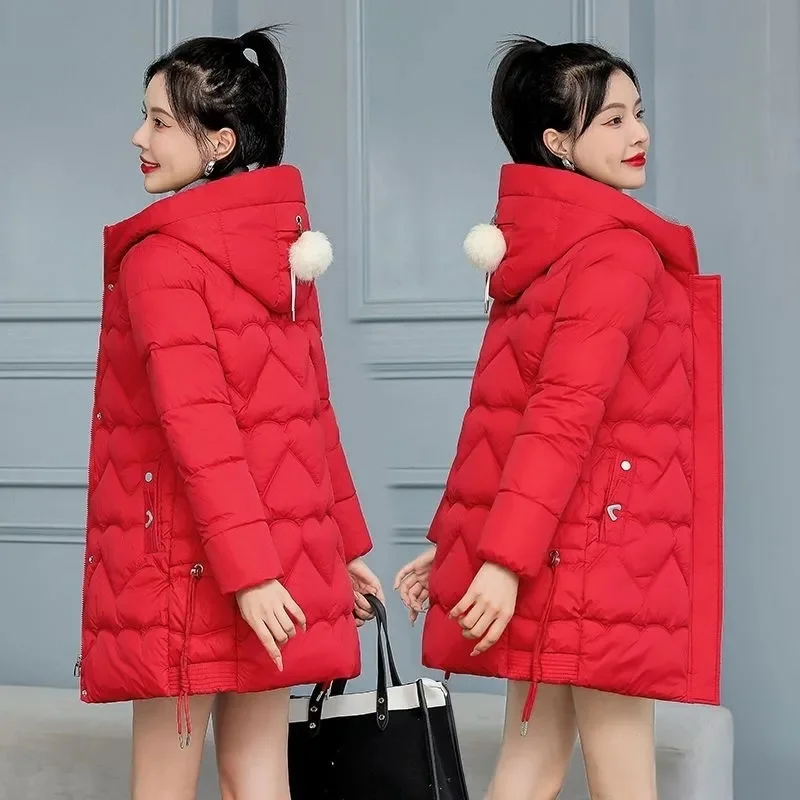 2024 New Winter Women Hooded Down Padded Jacket Mid-Length Parka fashion Thick Warm Cotton Coat Female Casual slim overcoat T529