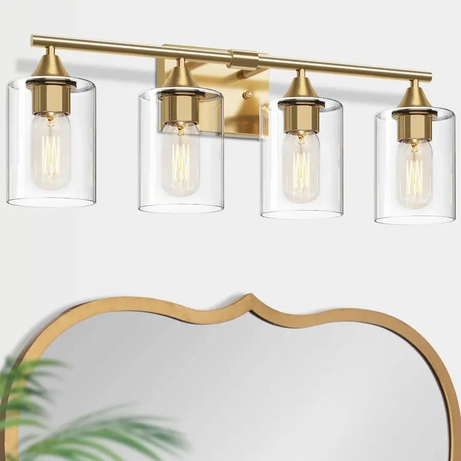 

Gold Vanity Light,4 Light Gold Bathroom Light Fixtures,Bathroom Lights Over Mirror with Clear Glass Shade,Modern Wall Lighting f