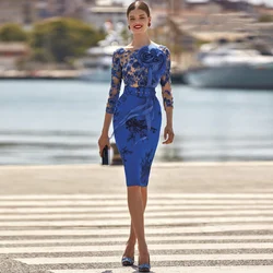 Customized Gorgeous Blue Mother Of The Bridal Dress Short Lace Illusion 3/4 Sleeves Scoop Neck Wedding Party Gown Knee Length