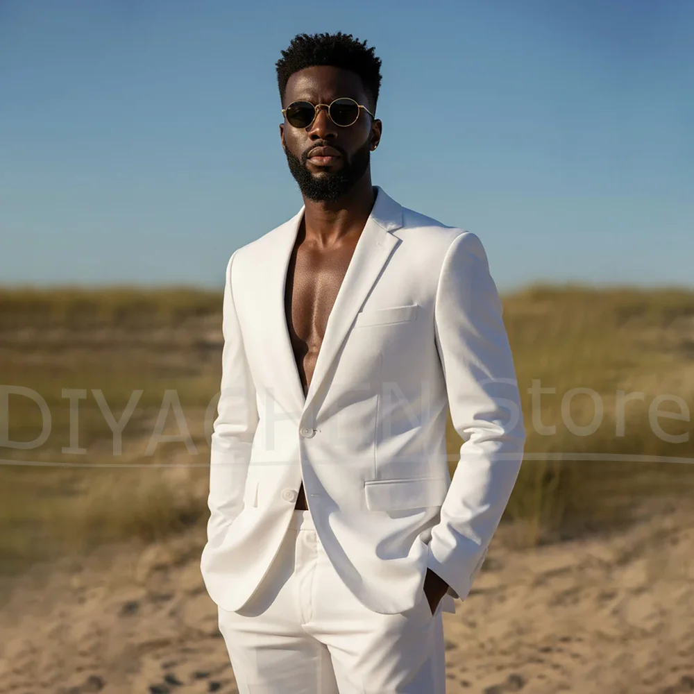 

Мужской белый приталенный костюм с лацканами, однобортный повседневный деловой костюм для пляжа, свадьбы, вечеринки, выпускного вечера, бизнеса, 2 предмета