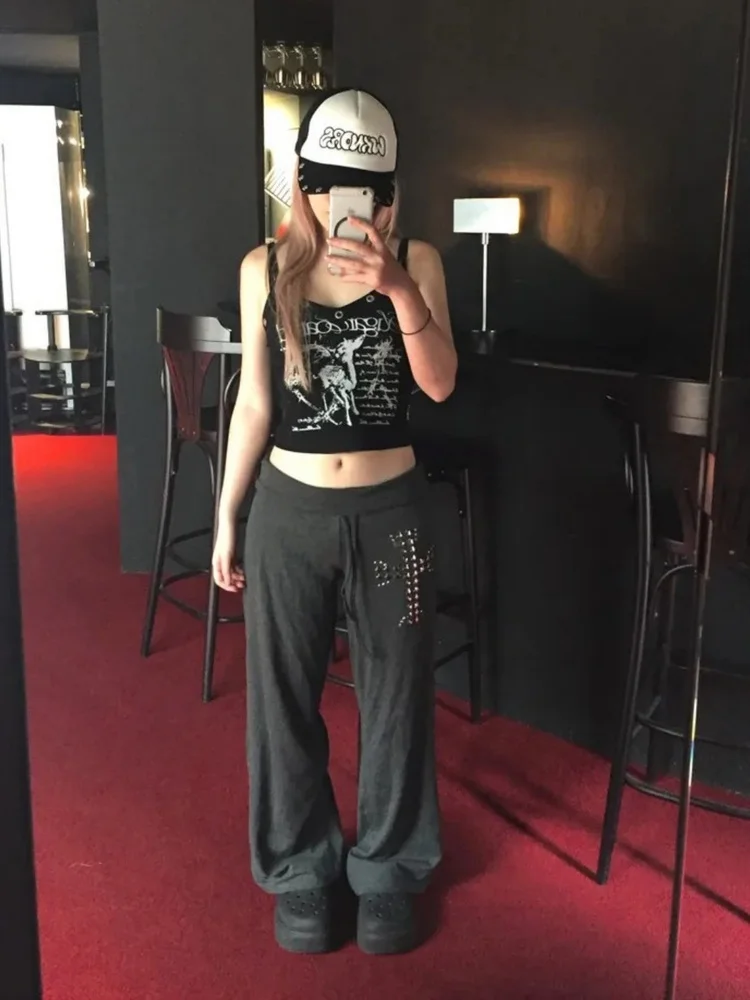 بنطلون طويل رمادي واسع الساق فضفاض عالي المرونة ناعم ومريح بتصميم SEI ستار مع زخارف معدنية على الطراز الكوري للعمل بسيط مستقي...