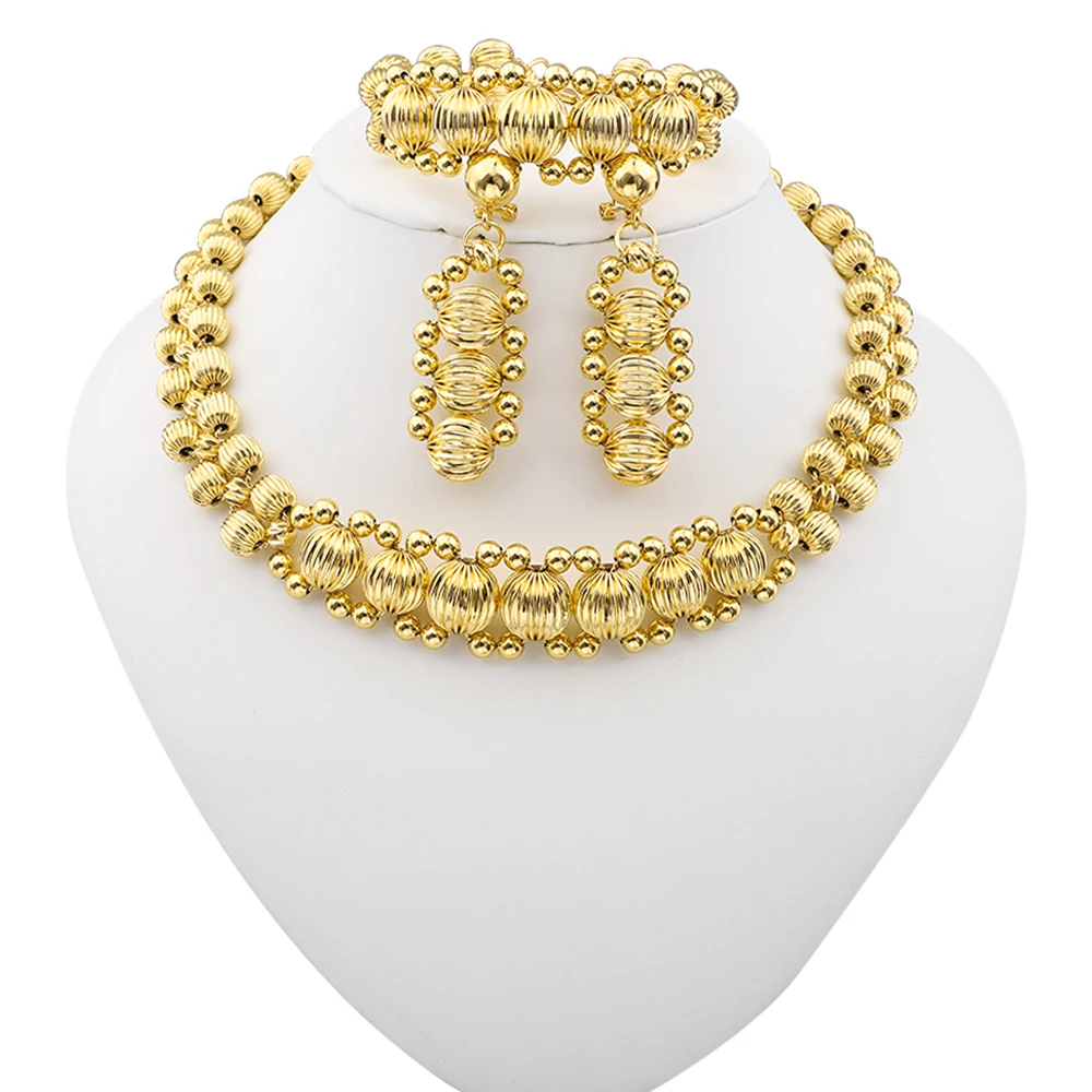 Brazil Gold Color Ball Beads Luxury Necklace Earrings Bracelet Set Elegant Evening Gift Best Selling Product Free Shipping