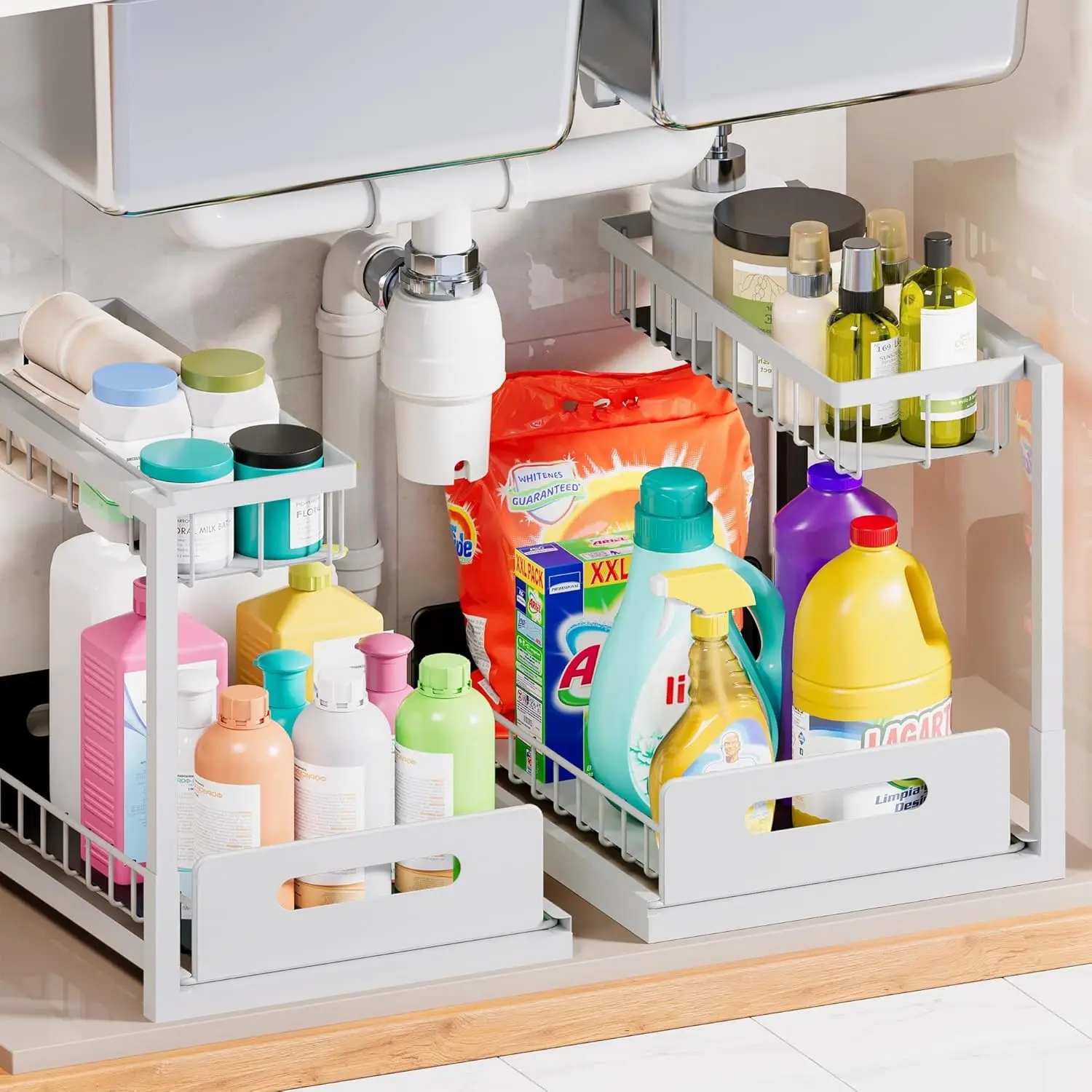

2 Pack Under Sink Organizer and Storage, 2 Tier Under Cabinet Organizer for Bathroom Kitchen with Pull Out Storage Shelf Draw