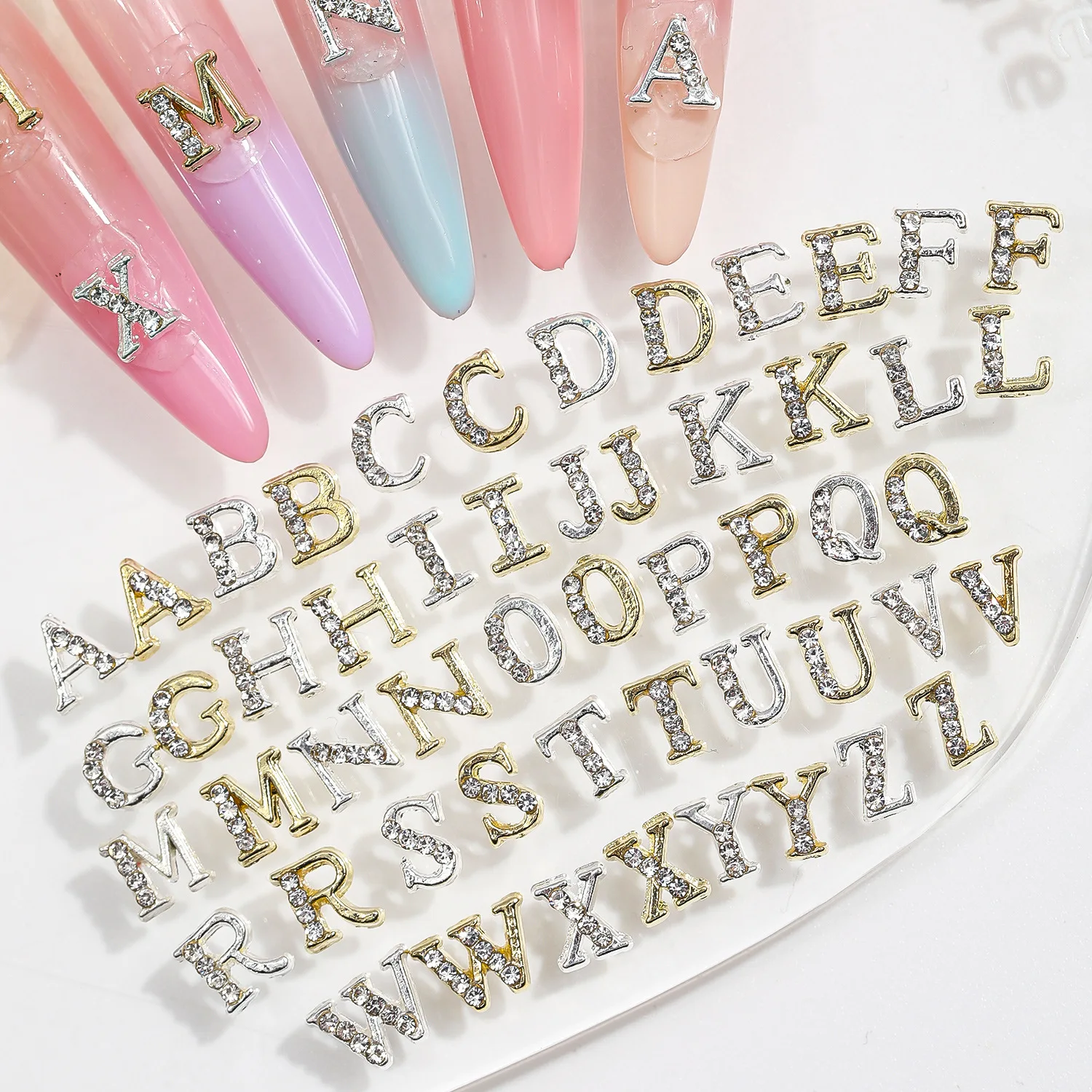 26Pcs/Set A-Z English Letter Rhinestone Nail Charms Silver 3D Glitter Manicure Accessories Alphabet Decorations Alloy Parts S26