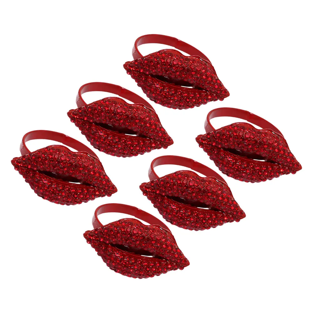 

6pcs Red Lip Napkin Rings Romantic Heart Design Table Decor Rhinestone Alloy Valentine Party Elegant Holder