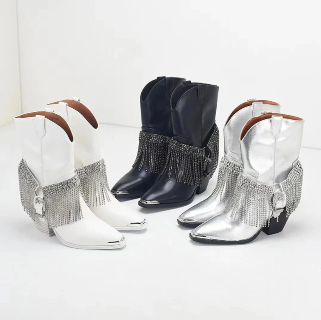 2024 Traf New Leather Thick High Heel Metal Belt Buckle Rhinestone Tassels Silver Luxury Design Western Cowboy Booties Female