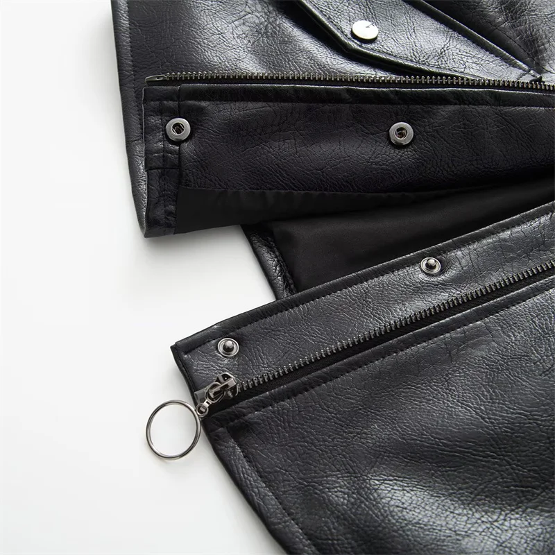 KEYANKETIAN 2026 Lapel Cropped PU Leather Vest Zipper & Snap Button Flap Pockets Women Sleeveless Moto Biker Short Waistcoat