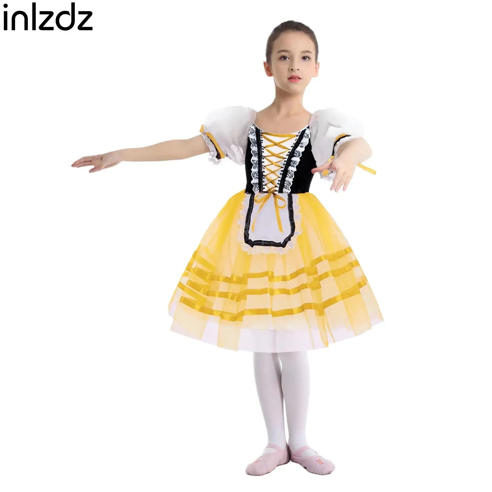 

Girls Ballet Tutu Dress Gymnastics Skating Costume Puff Sleeve Lace Trim Lace-up Velvet Bodice Layered Dress Ballerina Dancewear