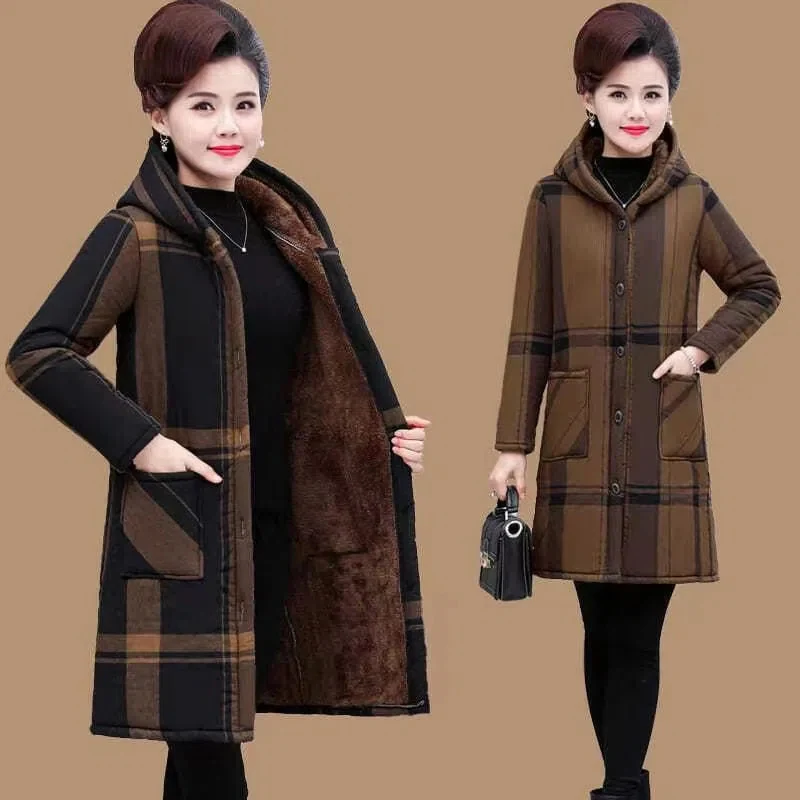 New Middle-Aged Women's Hooded Parka Overcoat Autumn Winter Fleece Warm Cotton Clothes Plaid Female Casual Long Quilted Jacket