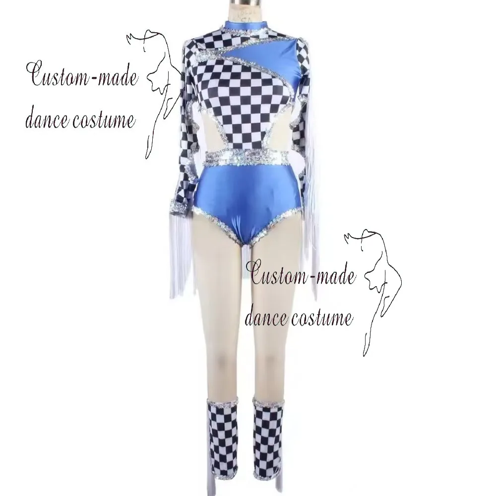 

Black and white checkered print dance leotard for racing cheerleading, wearing white fringed sequins for stage performance